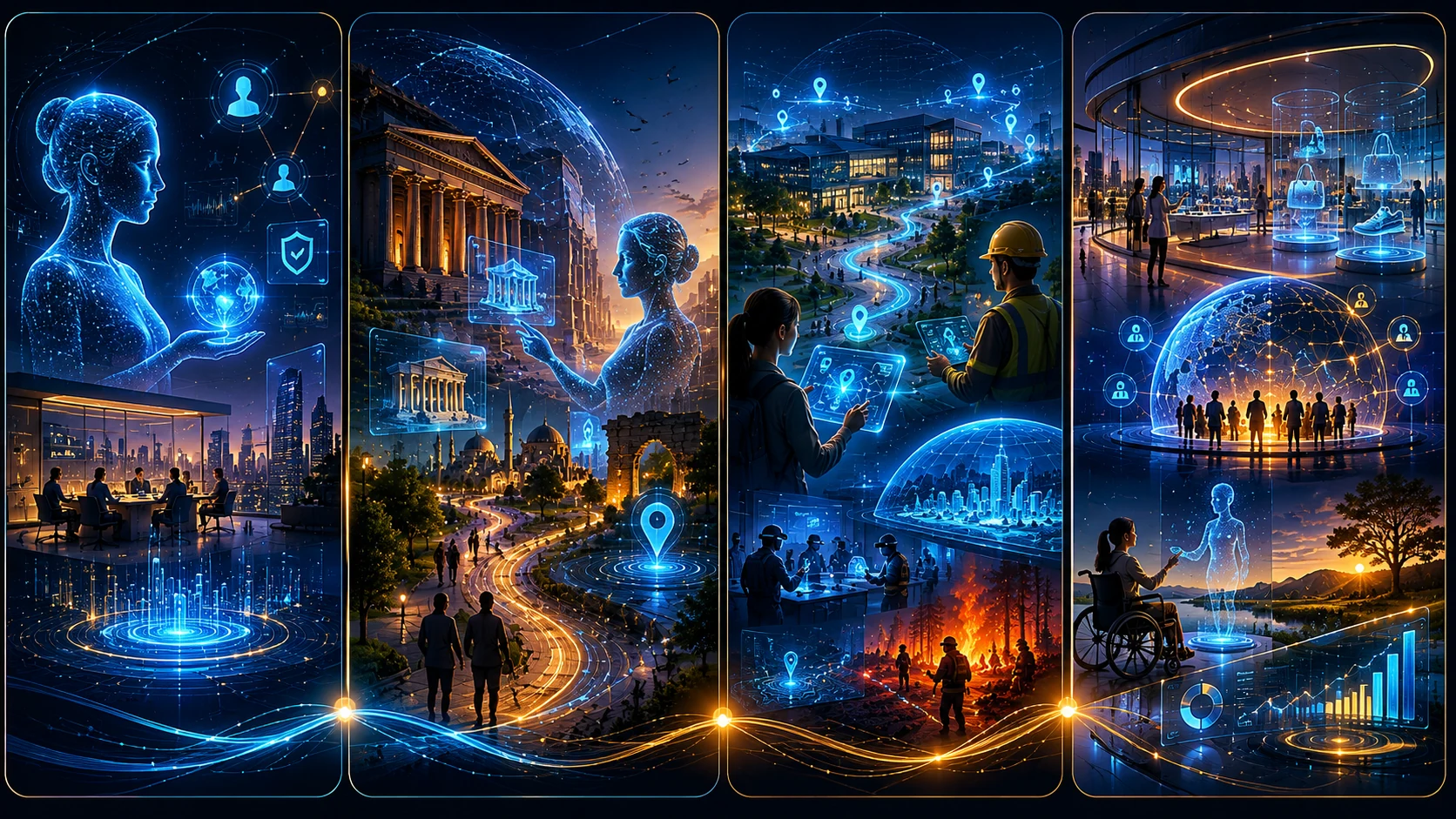 Demo portfolio visual representing the canonical 12 demo concepts in a panel layout