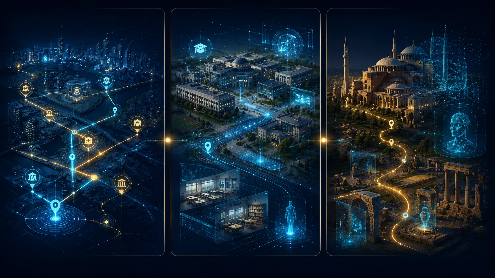 Visual representing the three priority entry areas: civic resilience and disaster, education and campus, cultural heritage and tourism